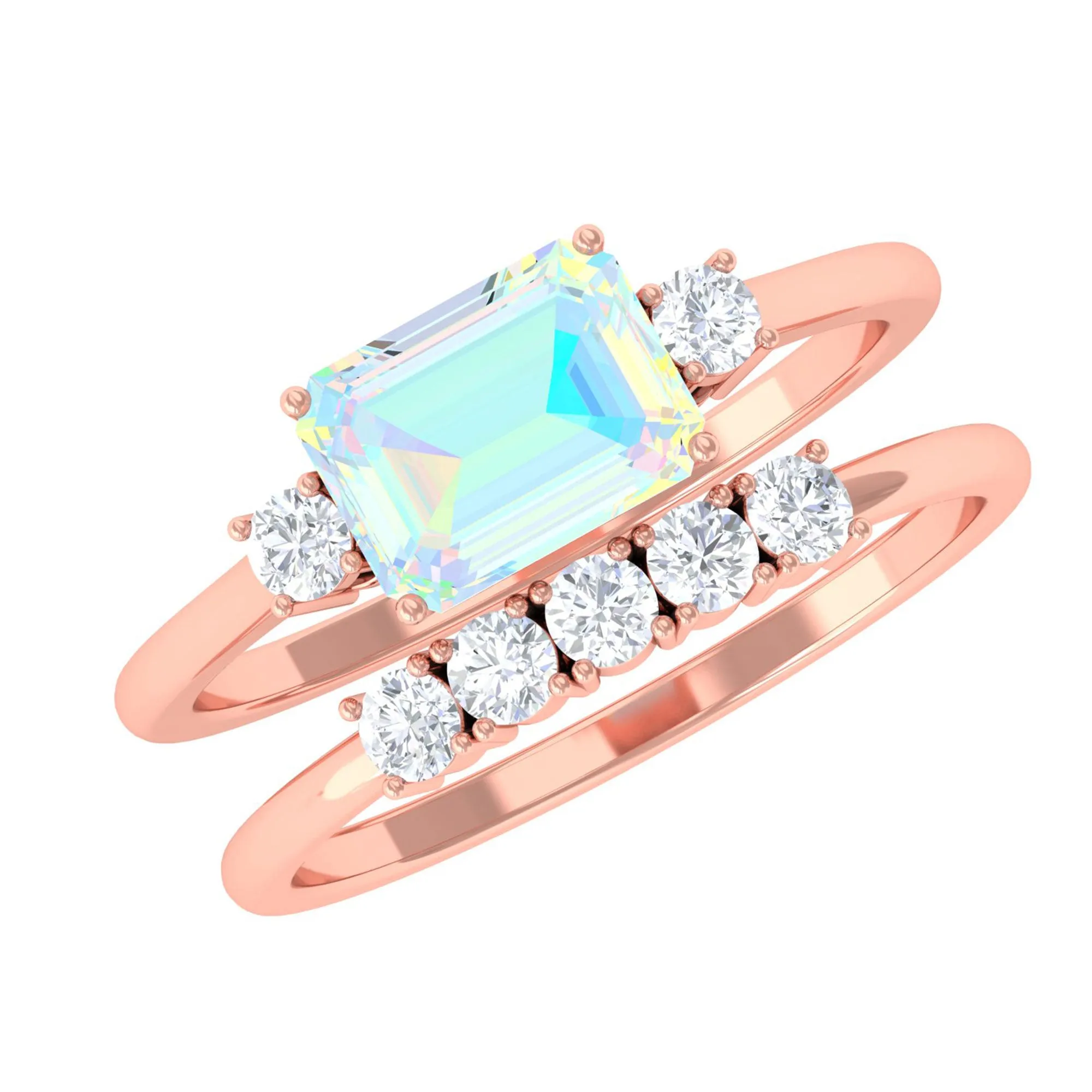 Octagon Cut Ethiopian Opal Contemporary Wedding Ring Set with Diamond