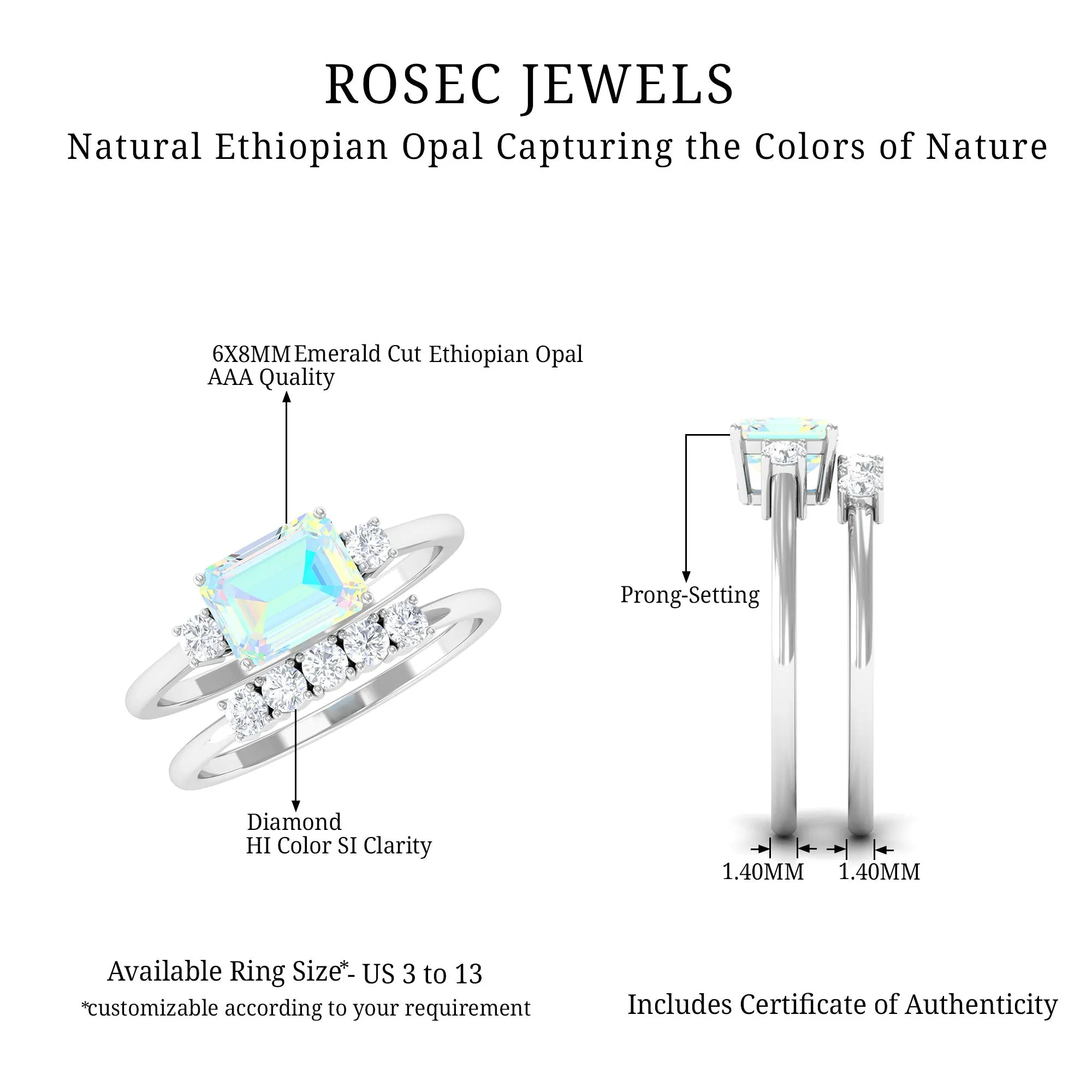 Octagon Cut Ethiopian Opal Contemporary Wedding Ring Set with Diamond