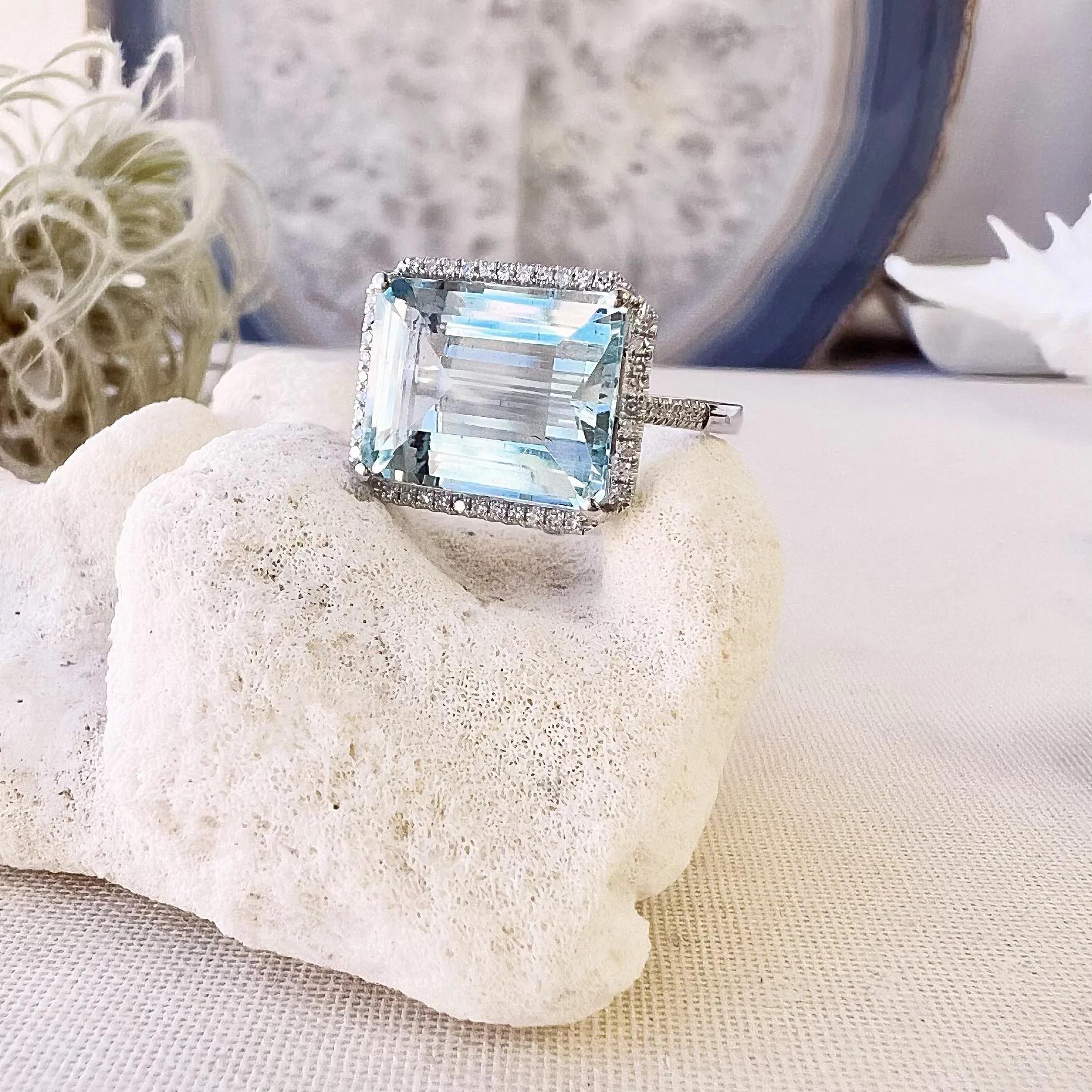 One of a Kind East-West Large Aquamarine Ring in White Gold