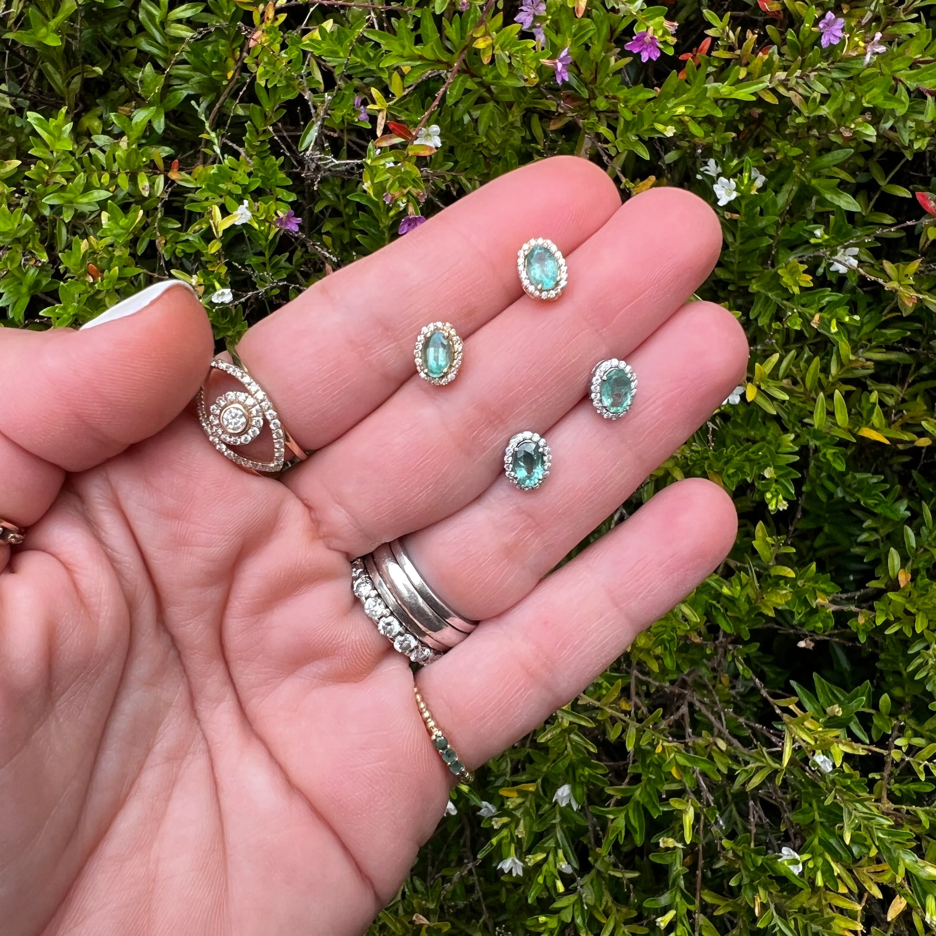 Oval Mint Emerald With Diamond Halo Studs
