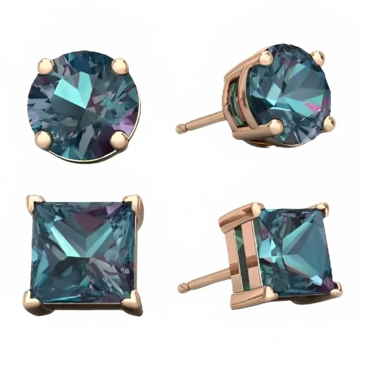 Paris Jewelry 18k Rose Gold 2 Pair Created Alexandrite 4mm, 6mm Round & Princess Cut Stud Earrings Plated
