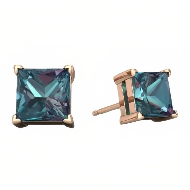 Paris Jewelry 18k Rose Gold 2 Pair Created Alexandrite 6mm Round & Princess Cut Stud Earrings Plated
