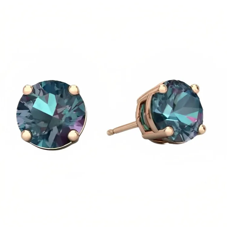 Paris Jewelry 18k Rose Gold 2 Pair Created Alexandrite 6mm Round & Princess Cut Stud Earrings Plated
