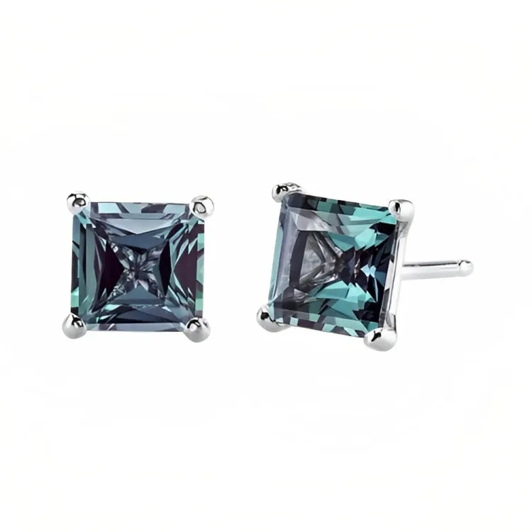 Paris Jewelry 18k White Gold 2 Pair Created Alexandrite 4mm Round & Princess Cut Stud Earrings Plated