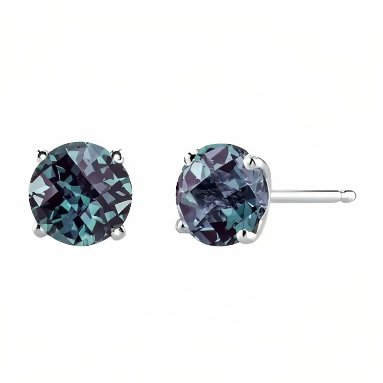 Paris Jewelry 18k White Gold 2 Pair Created Alexandrite 4mm Round & Princess Cut Stud Earrings Plated