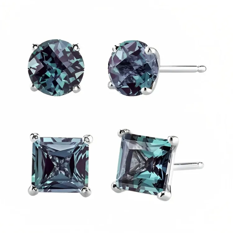 Paris Jewelry 18k White Gold 2 Pair Created Alexandrite 4mm Round & Princess Cut Stud Earrings Plated
