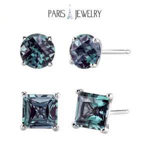 Paris Jewelry 18k White Gold 2 Pair Created Alexandrite 4mm Round & Princess Cut Stud Earrings Plated