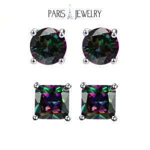 Paris Jewelry 18k White Gold 2 Pair Created Mystic 6mm Round & Princess Cut Stud Earrings Plated