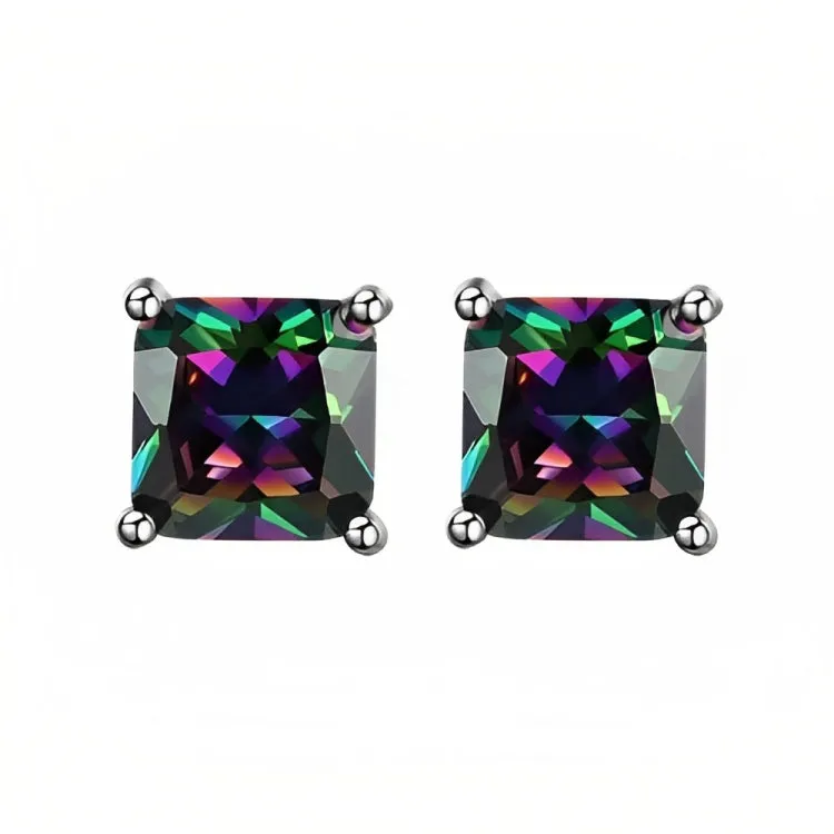 Paris Jewelry 18k White Gold 2 Pair Created Mystic 6mm Round & Princess Cut Stud Earrings Plated
