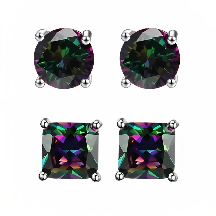 Paris Jewelry 18k White Gold 2 Pair Created Mystic 6mm Round & Princess Cut Stud Earrings Plated