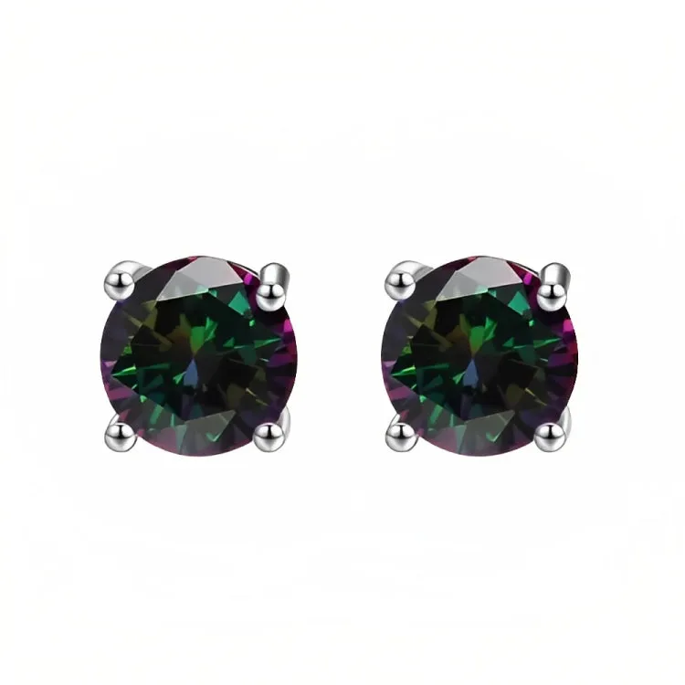 Paris Jewelry 18k White Gold 2 Pair Created Mystic 6mm Round & Princess Cut Stud Earrings Plated