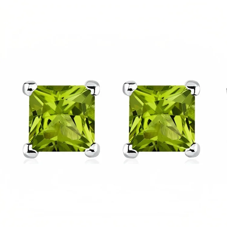Paris Jewelry 18k White Gold 2 Pair Created Peridot 4mm, 6mm Round & Princess Cut Stud Earrings Plated