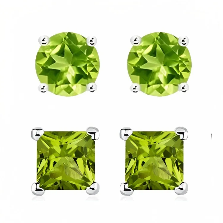 Paris Jewelry 18k White Gold 2 Pair Created Peridot 4mm, 6mm Round & Princess Cut Stud Earrings Plated