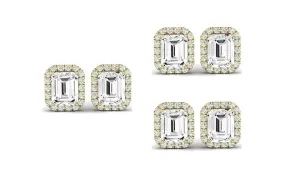Paris jewelry 18k Yellow Gold 1/2Ct Emerald Cut White Sapphire Set Of Three Halo Stud Earrings Plated