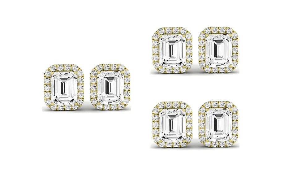 Paris jewelry 18k Yellow Gold 1/2Ct Emerald Cut White Sapphire Set Of Three Halo Stud Earrings Plated