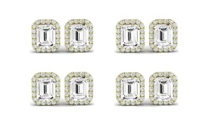Paris jewelry 18k Yellow Gold 4Ct Emerald Cut White Sapphire Set Of Four Halo Stud Earrings Plated