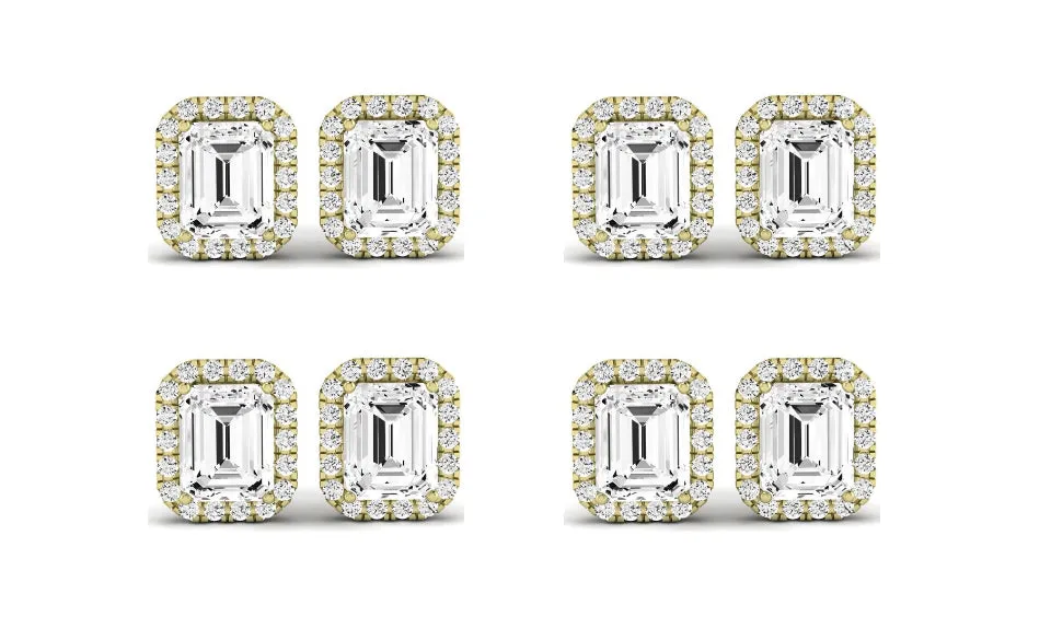 Paris jewelry 18k Yellow Gold 4Ct Emerald Cut White Sapphire Set Of Four Halo Stud Earrings Plated