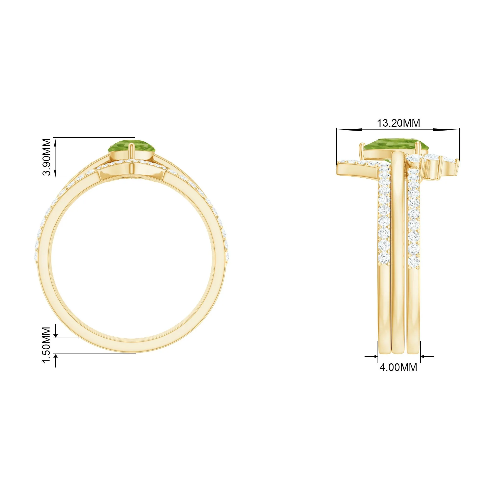 Pear Cut Peridot Trio Wedding Ring Set with Moissanite