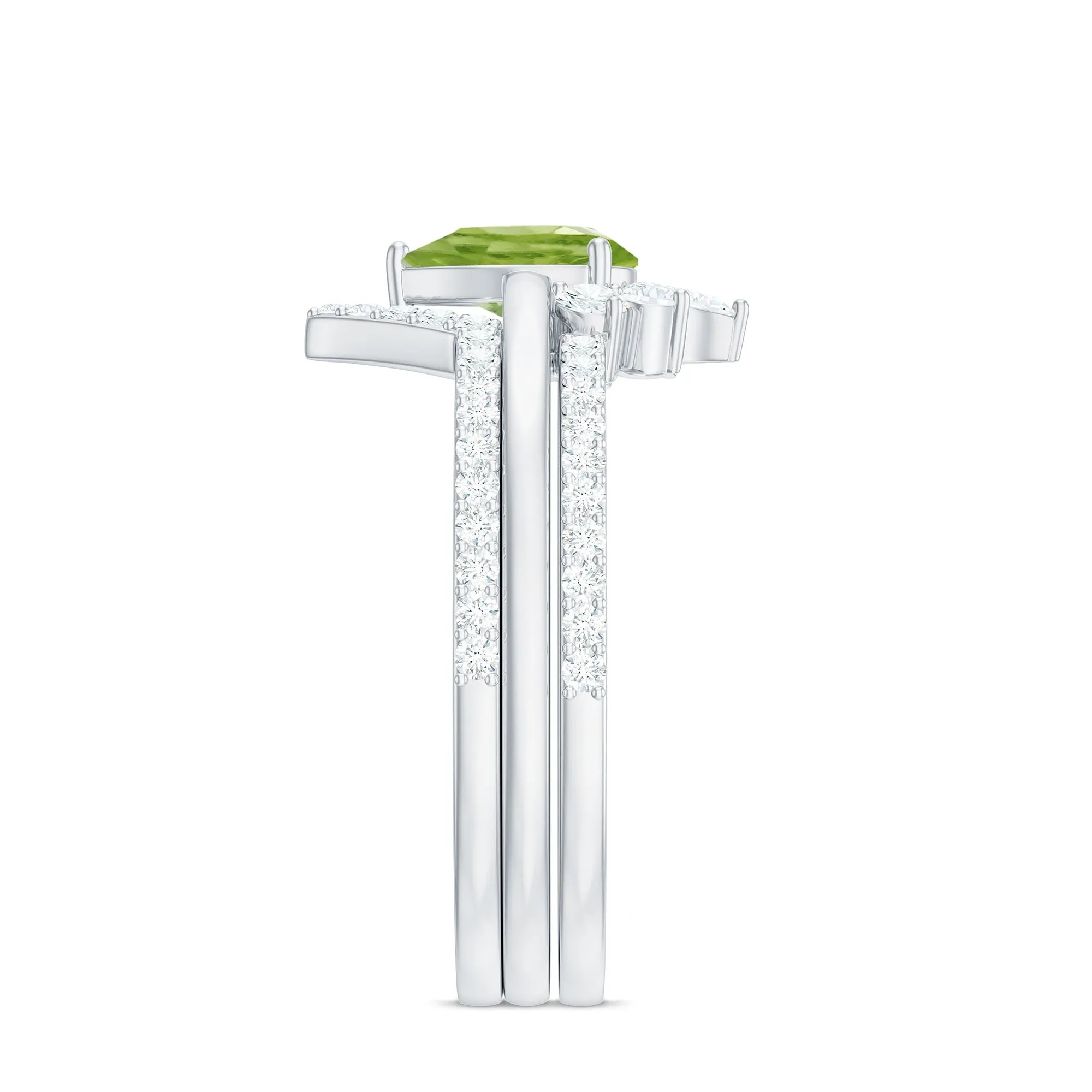 Pear Cut Peridot Trio Wedding Ring Set with Moissanite