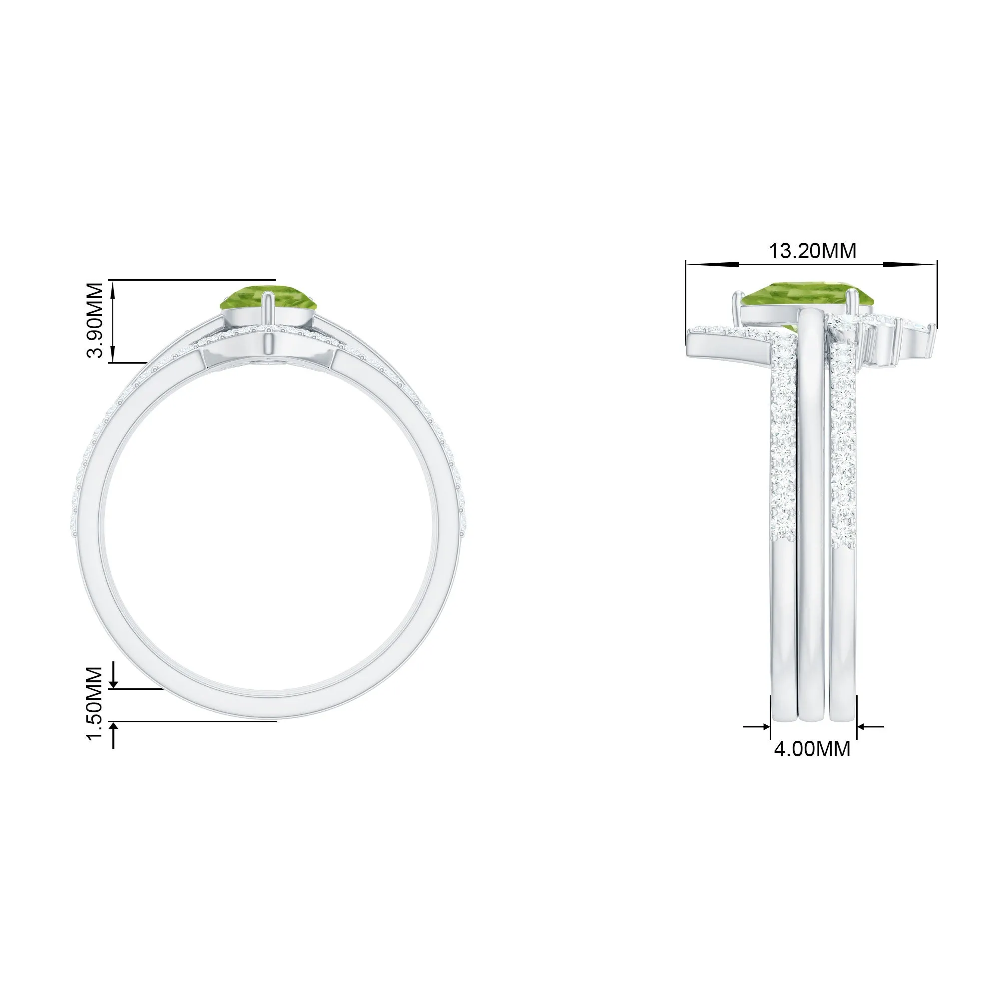 Pear Cut Peridot Trio Wedding Ring Set with Moissanite