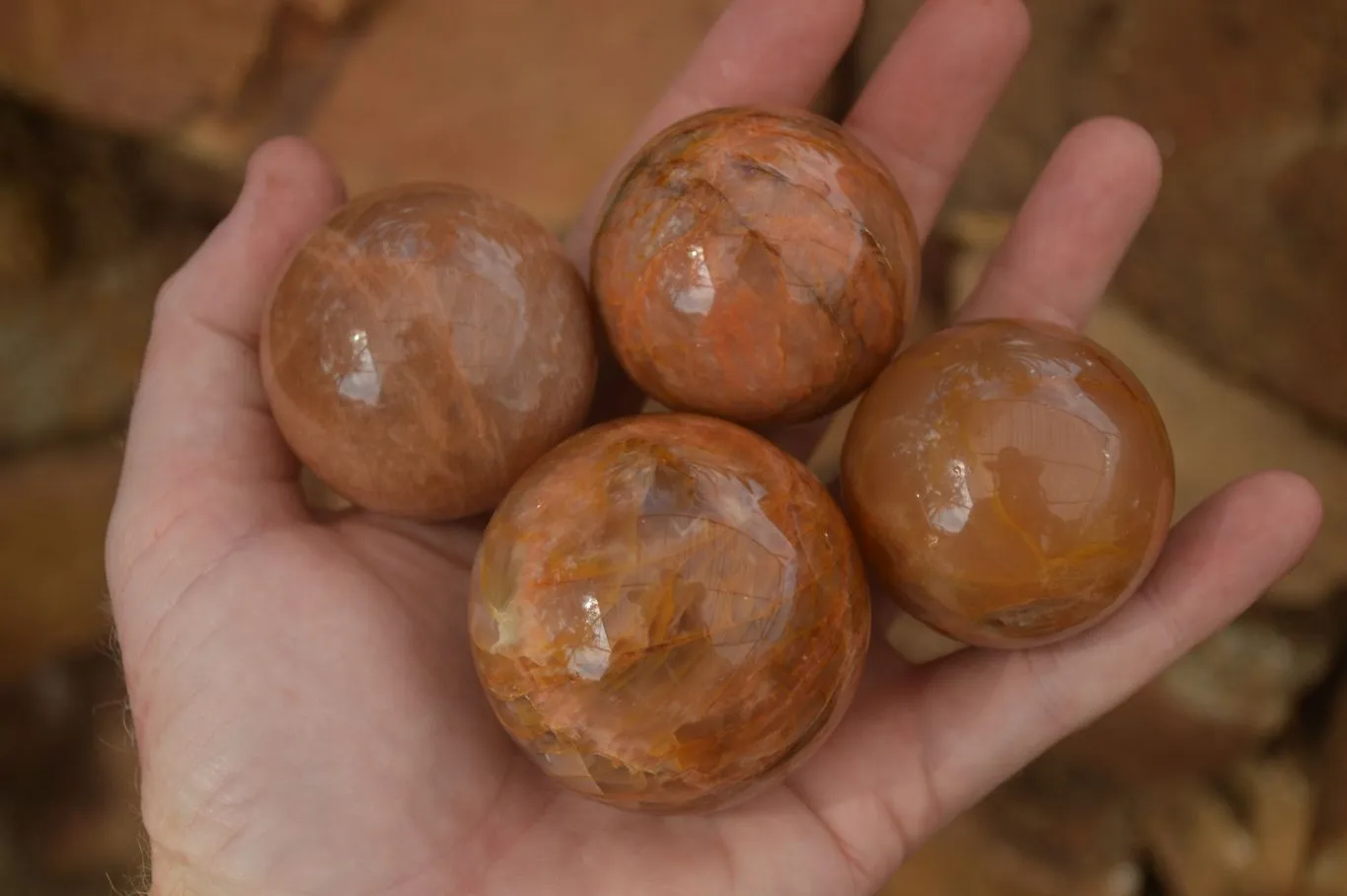 Polished Flashy Peach Moonstone Spheres  x 6 From Madagascar