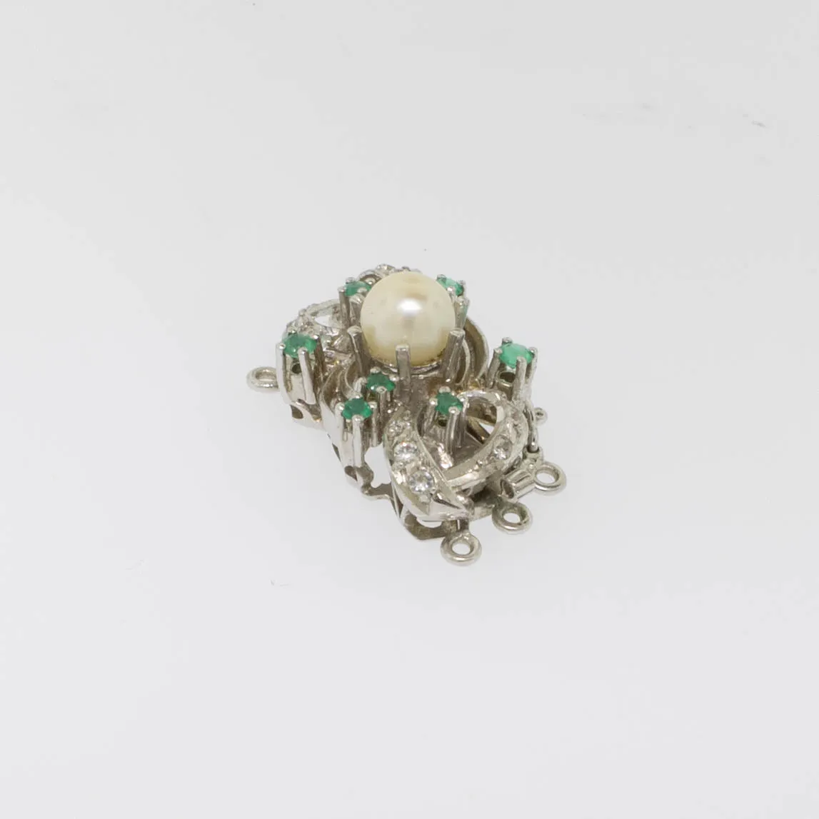 Preowned 18K White Gold 3-Strand Pearl Clasp with Emeralds and White Stones