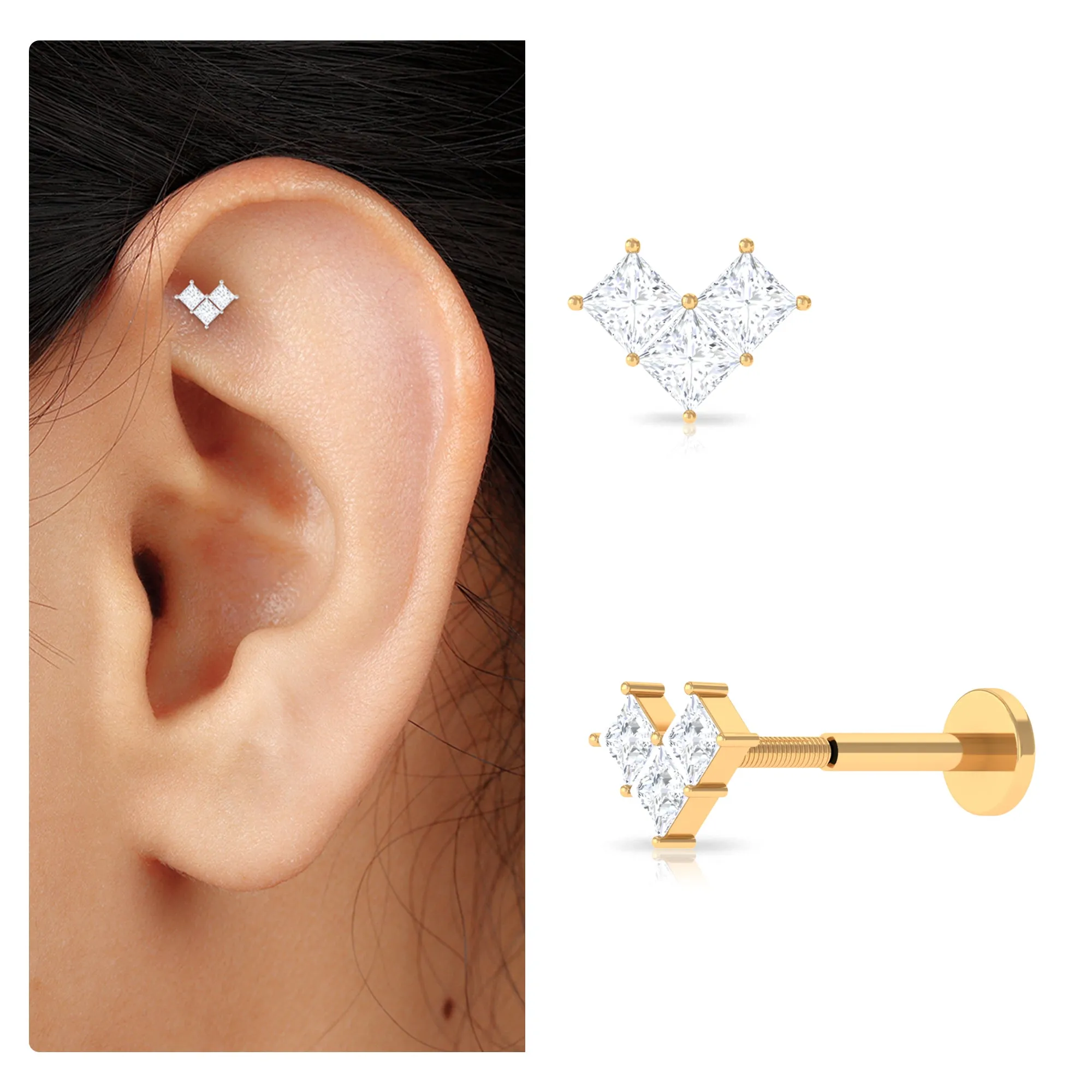 Princess Cut Moissanite Three Stone Tragus Earring