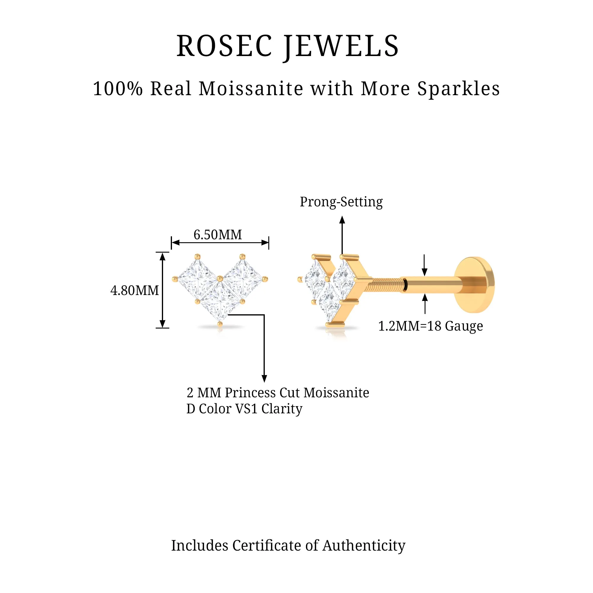 Princess Cut Moissanite Three Stone Tragus Earring