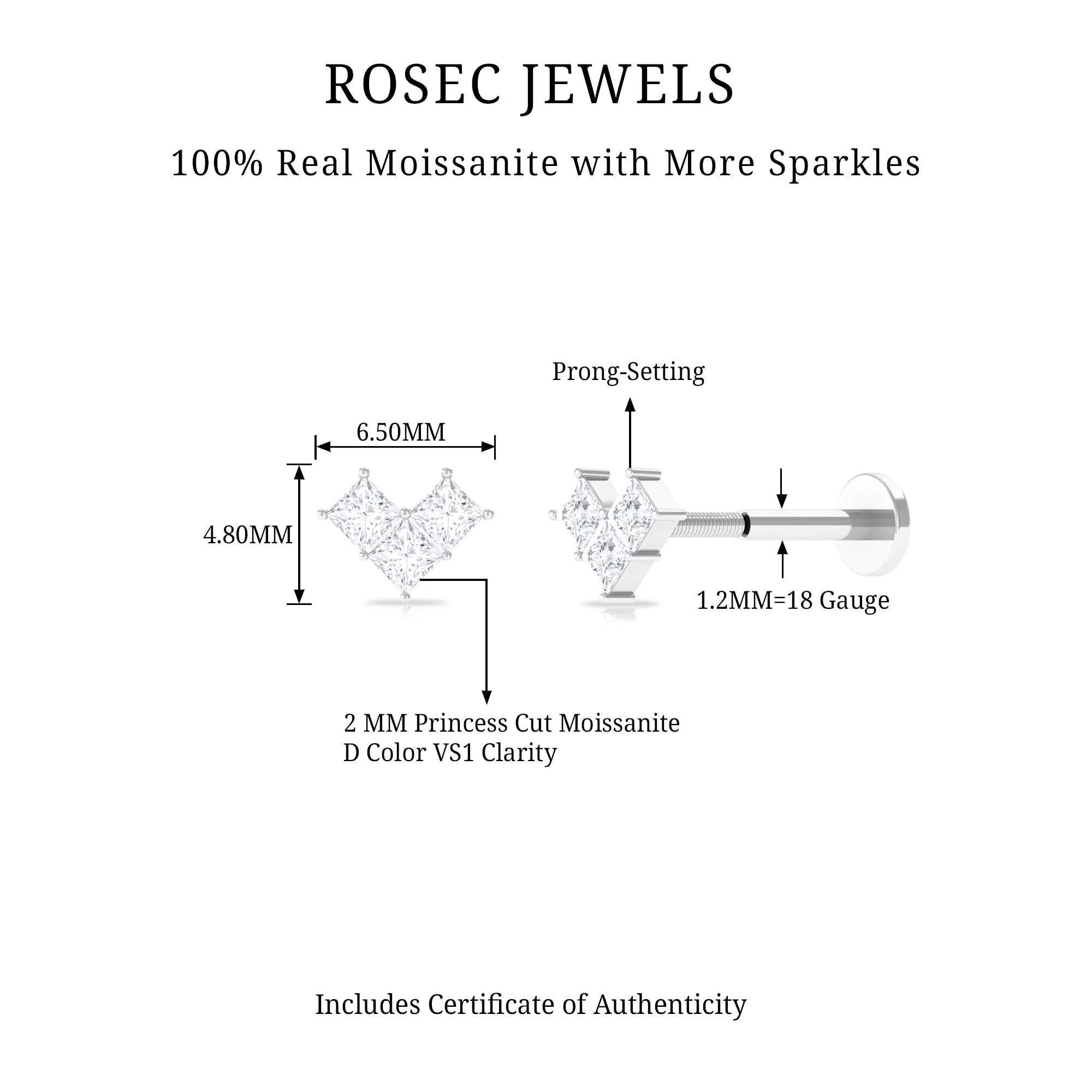 Princess Cut Moissanite Three Stone Tragus Earring