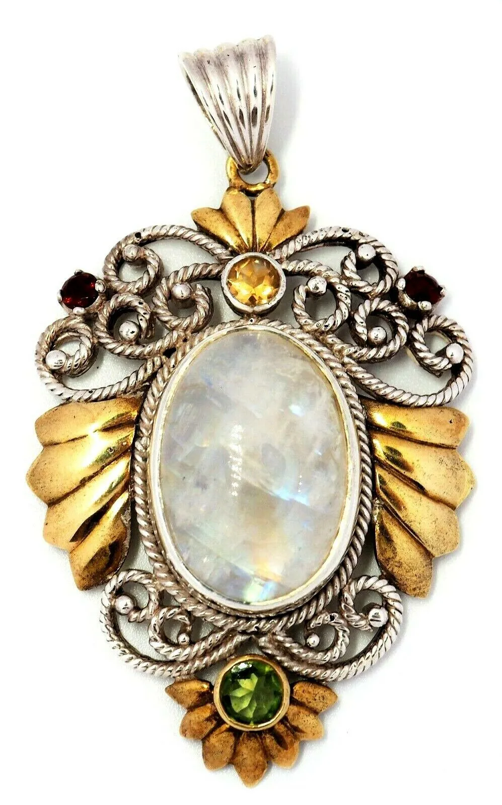 Rainbow Quartz Citrine Peridot & Garnet 925 Sterling Silver Gold Plated Pendant