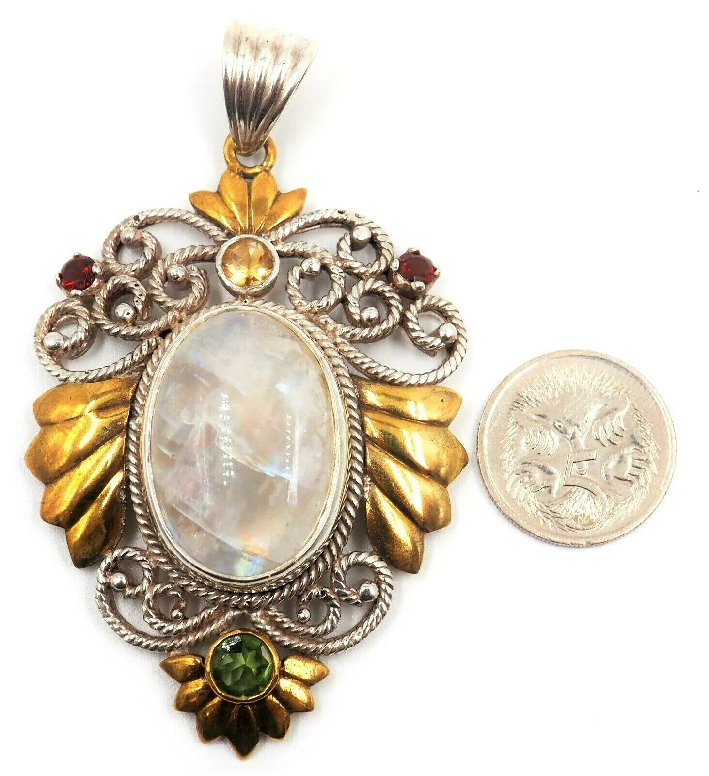 Rainbow Quartz Citrine Peridot & Garnet 925 Sterling Silver Gold Plated Pendant