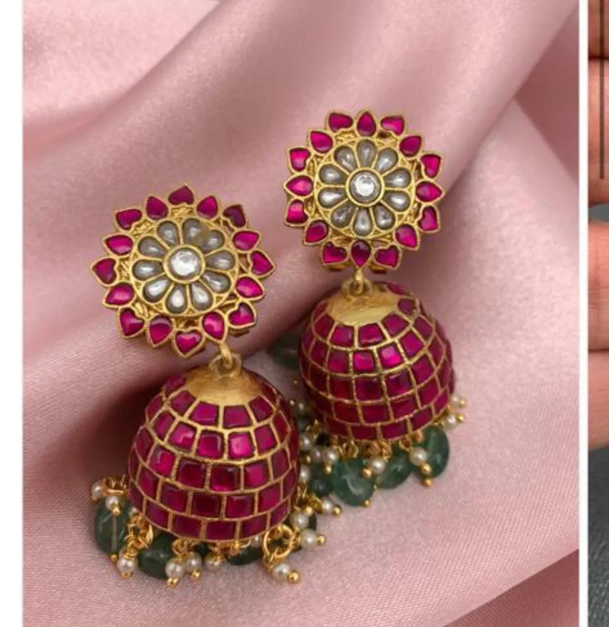 Red Jadau Kundan Emerald Beads Jhumki