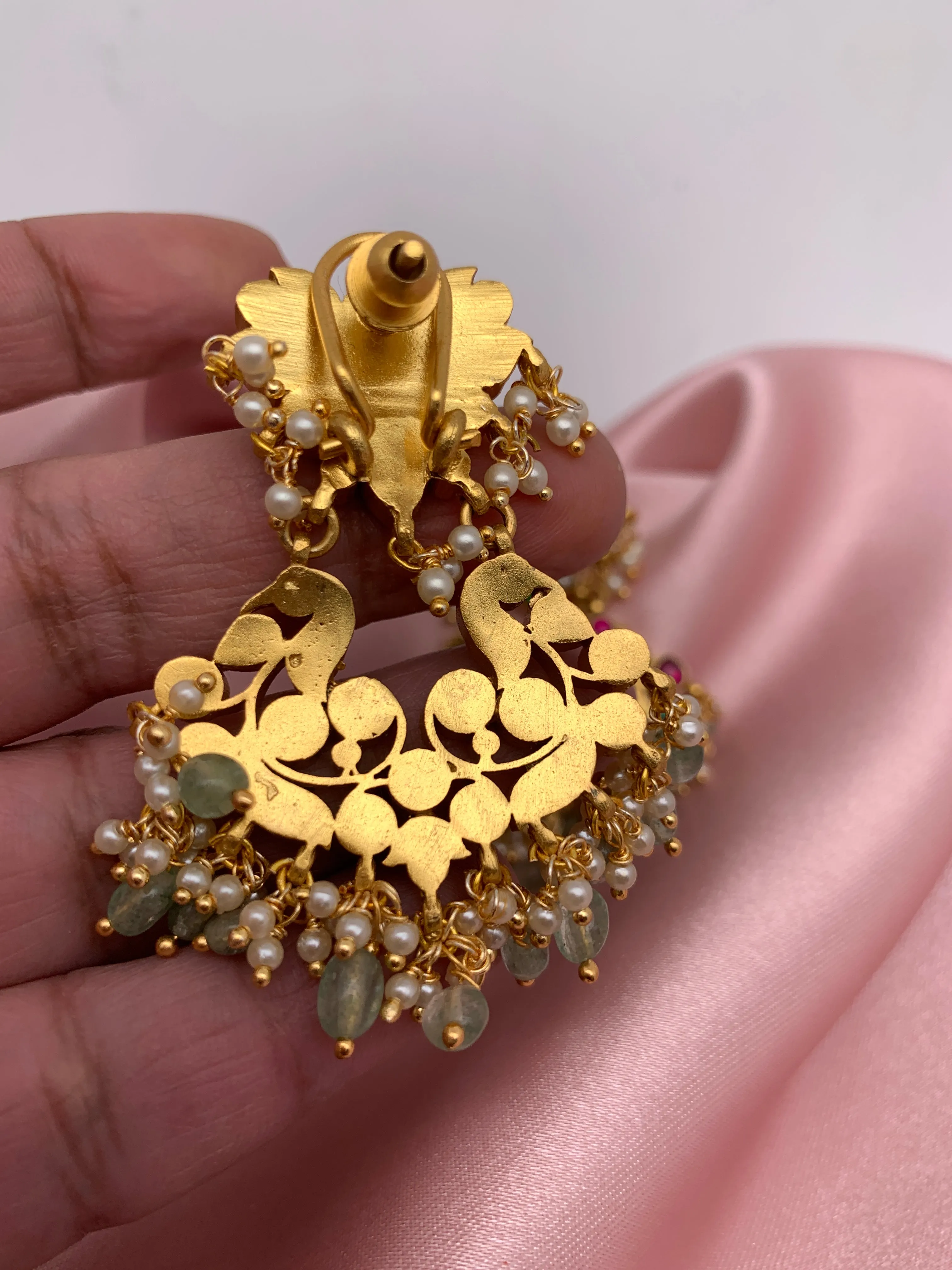 Red Jadau Kundan Emerald Beads Lotus Design Chandbali Earrings