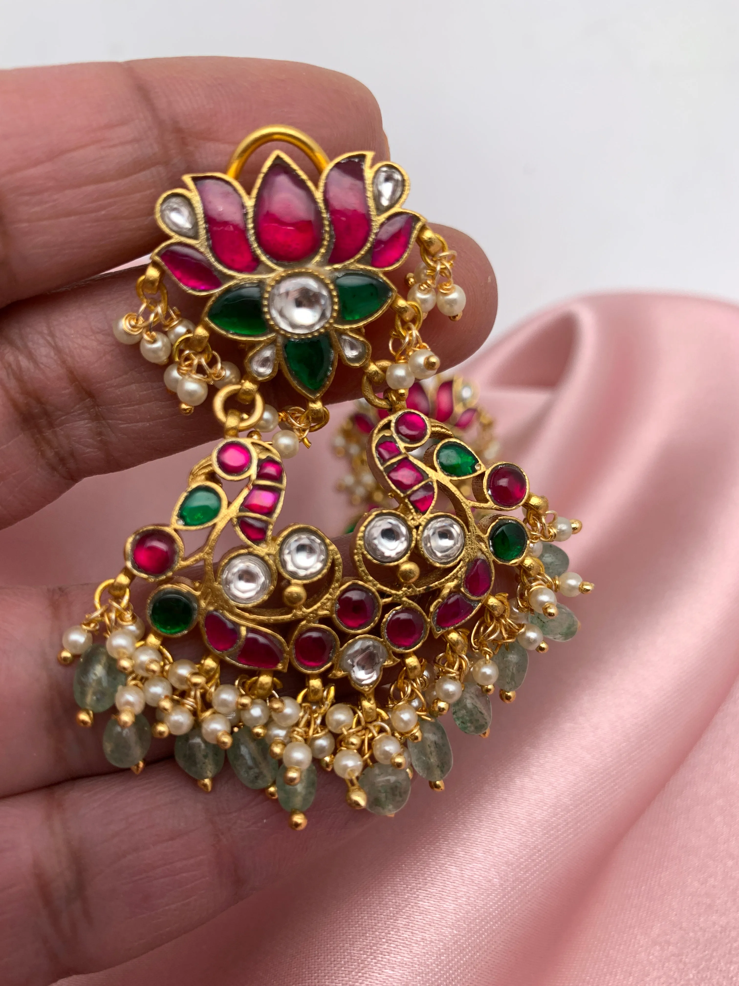 Red Jadau Kundan Emerald Beads Lotus Design Chandbali Earrings