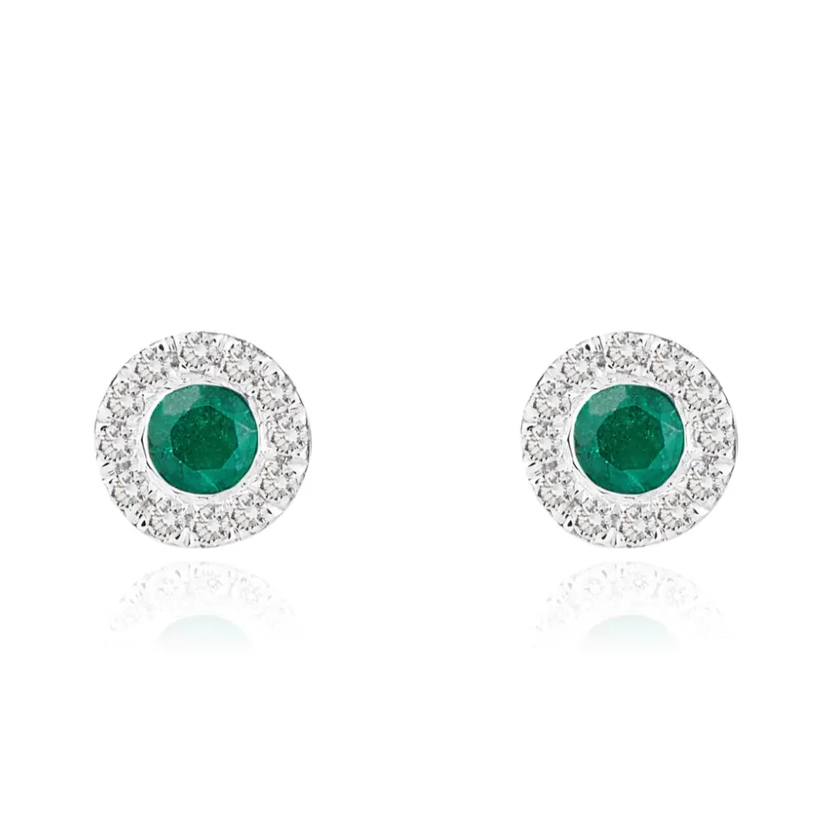 Round Emerald and Diamond Stud Earrings