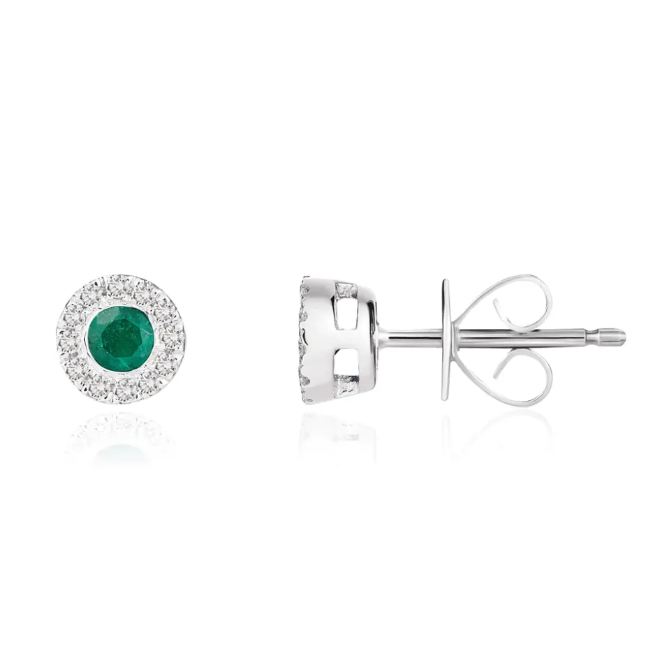 Round Emerald and Diamond Stud Earrings