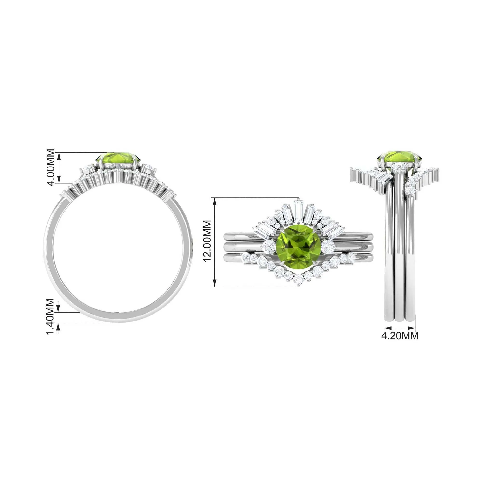 Round Peridot Designer Trio Wedding Ring Set with Diamond