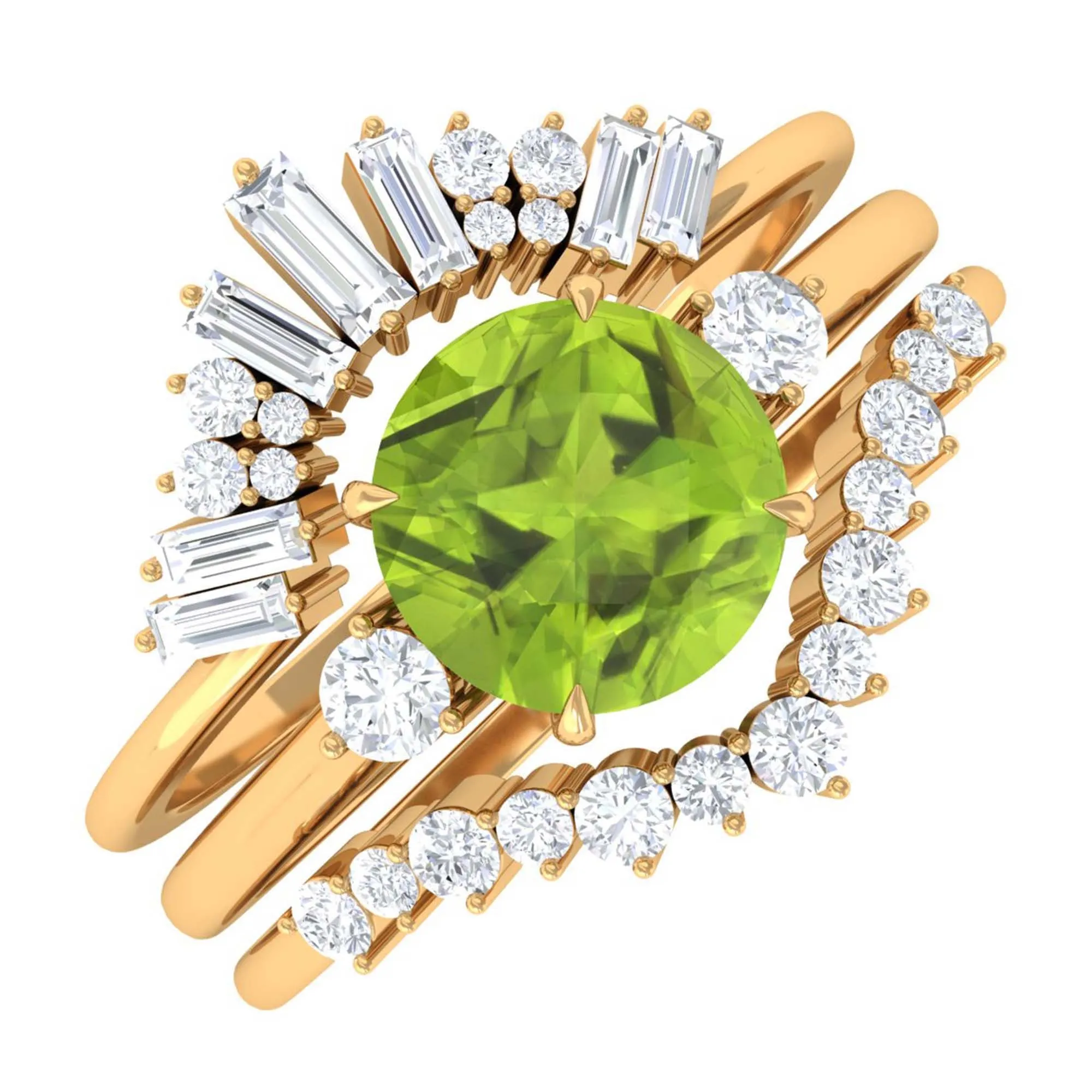 Round Peridot Designer Trio Wedding Ring Set with Diamond