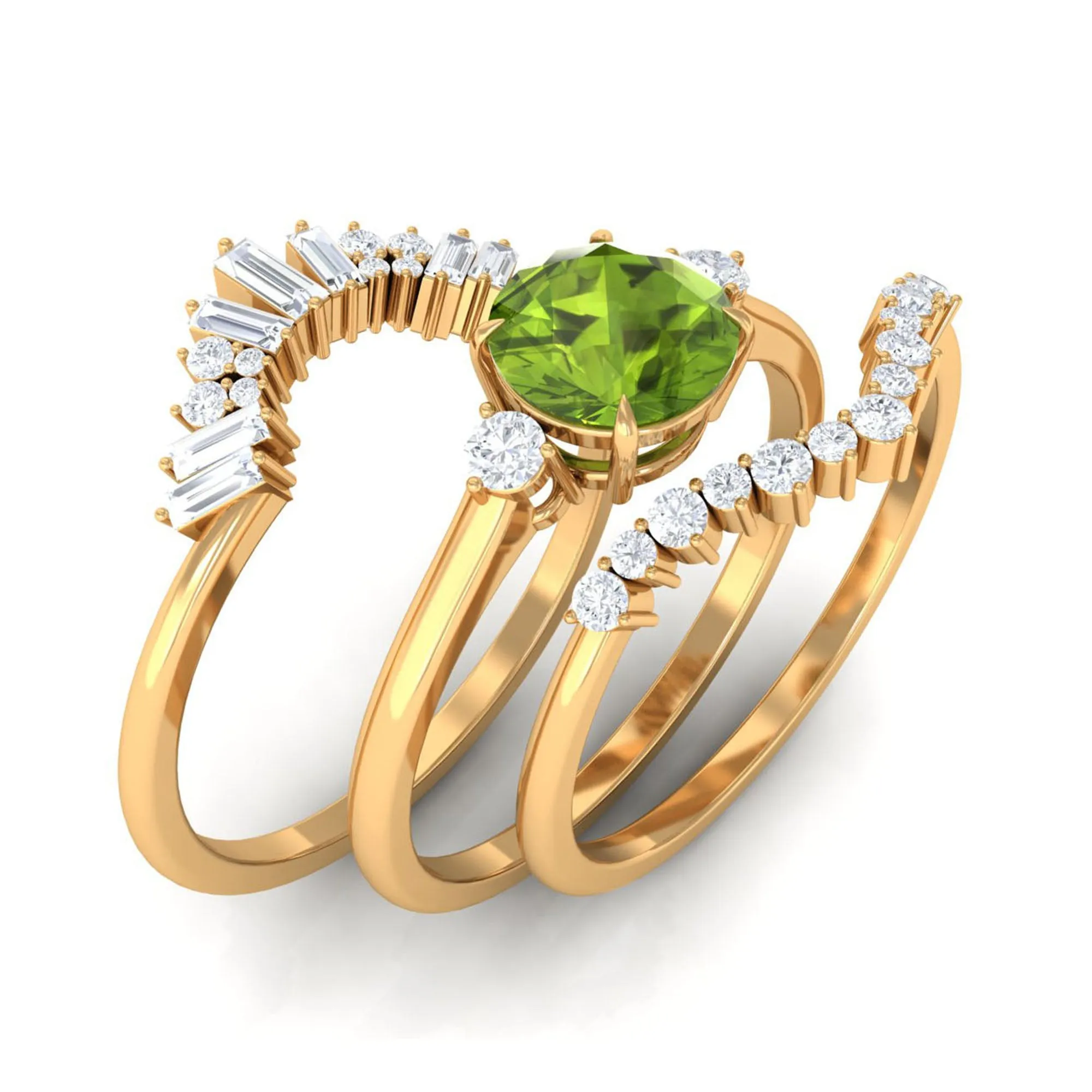 Round Peridot Designer Trio Wedding Ring Set with Diamond