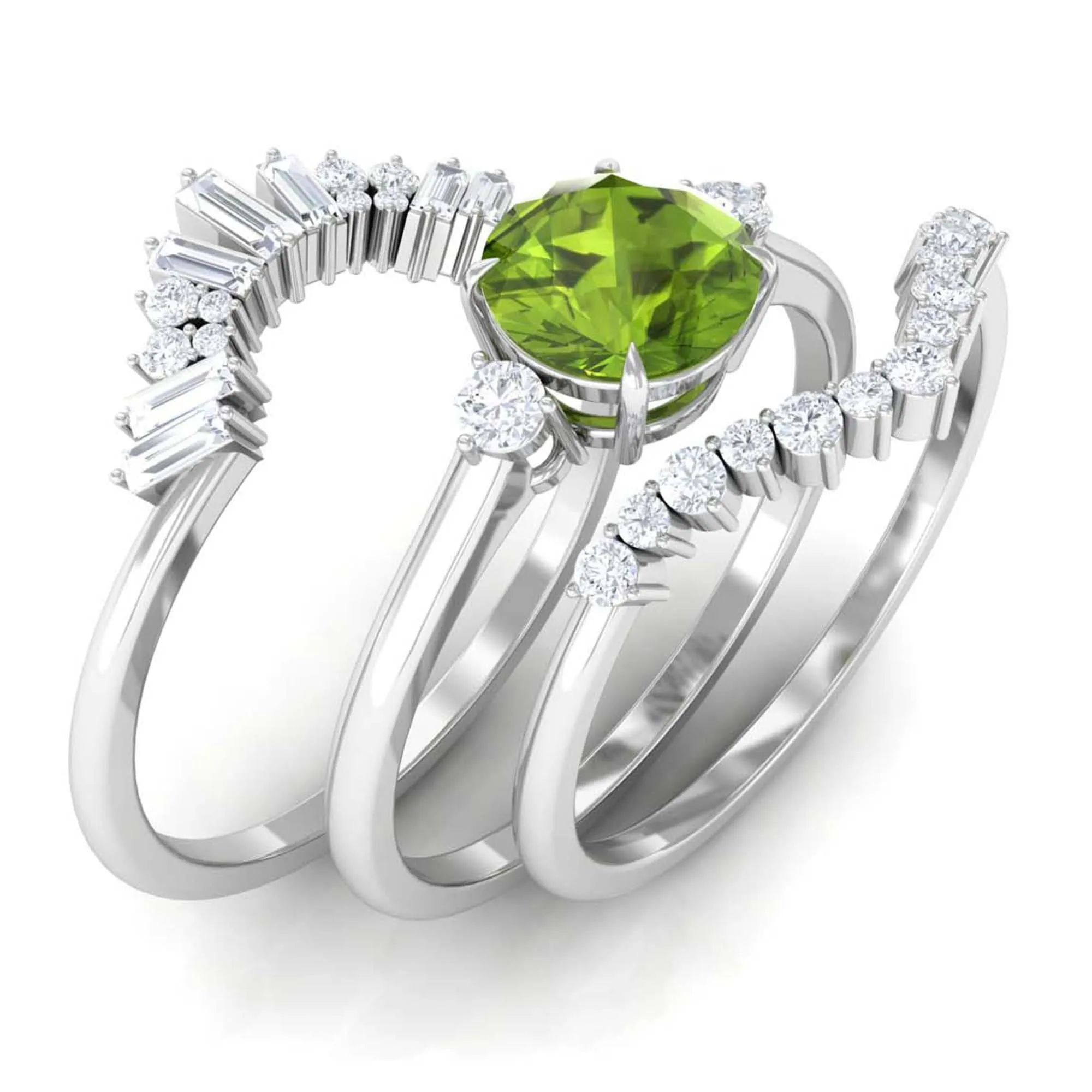 Round Peridot Designer Trio Wedding Ring Set with Diamond