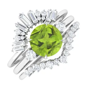 Round Peridot Designer Trio Wedding Ring Set with Diamond