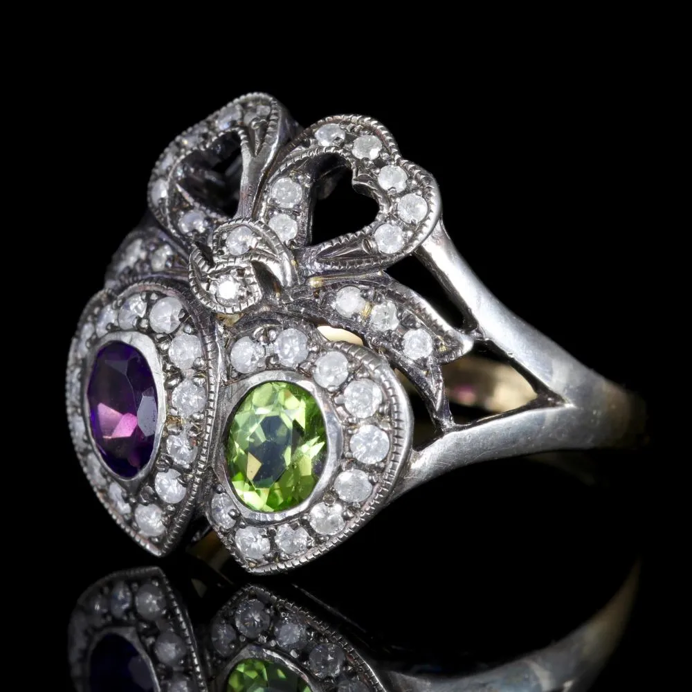 Suffragette Double Heart Ring 15Ct Gold Silver Amethyst Peridot Diamond