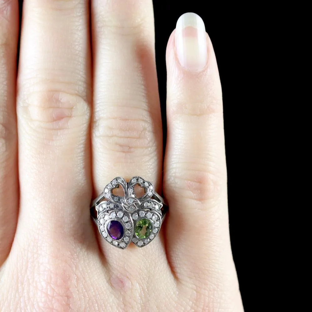 Suffragette Double Heart Ring 15Ct Gold Silver Amethyst Peridot Diamond