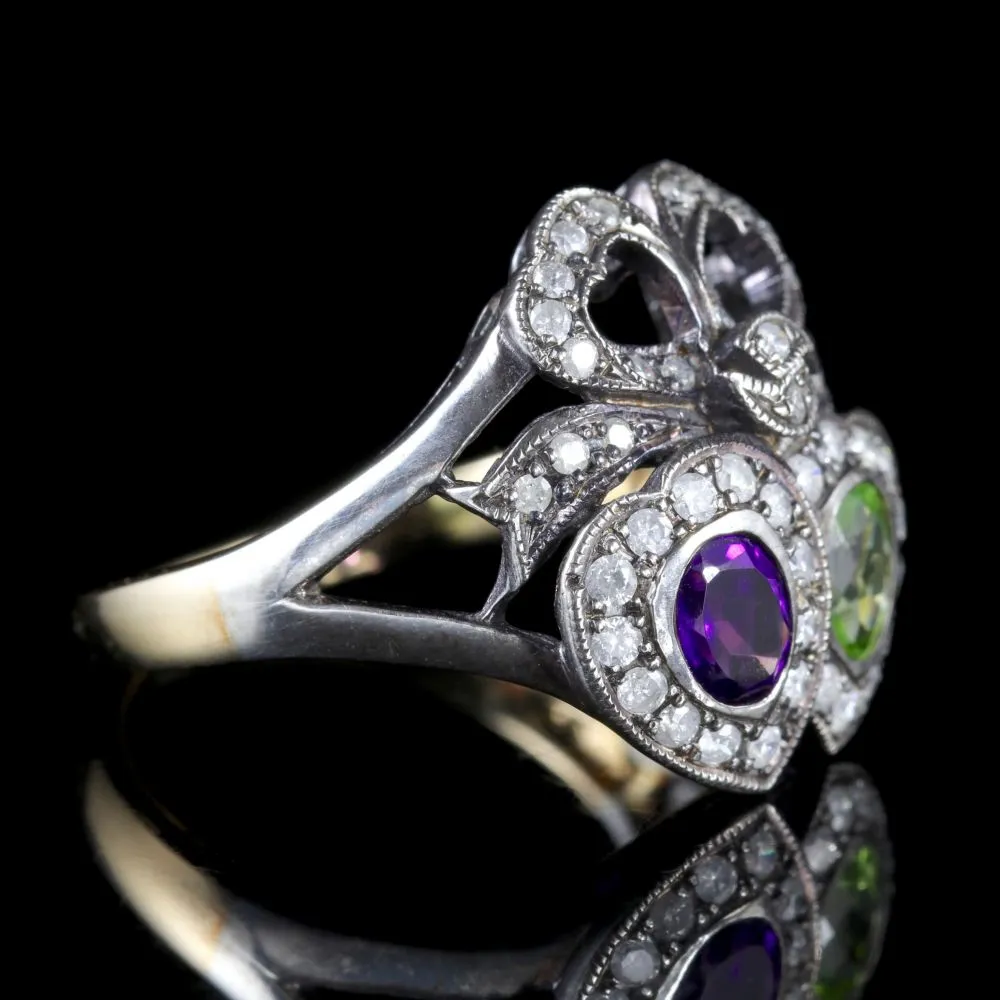 Suffragette Double Heart Ring 15Ct Gold Silver Amethyst Peridot Diamond
