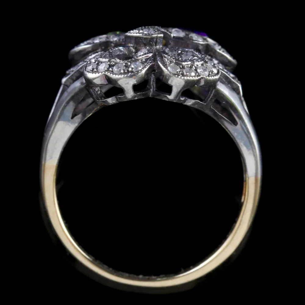 Suffragette Double Heart Ring 15Ct Gold Silver Amethyst Peridot Diamond
