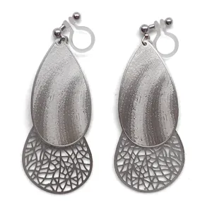 Textured  silver metal and teardrop filigree invisible clip on earrings