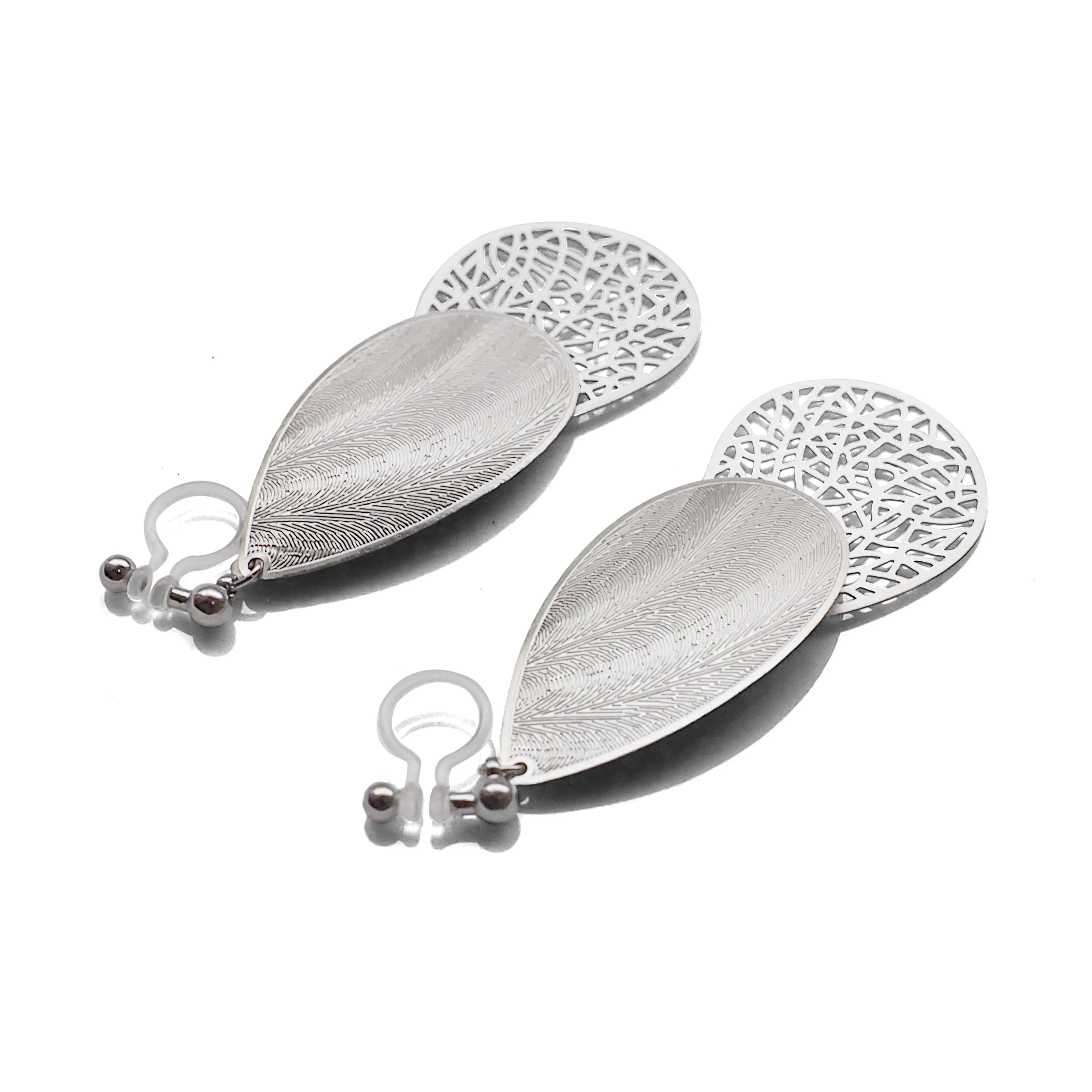 Textured  silver metal and teardrop filigree invisible clip on earrings