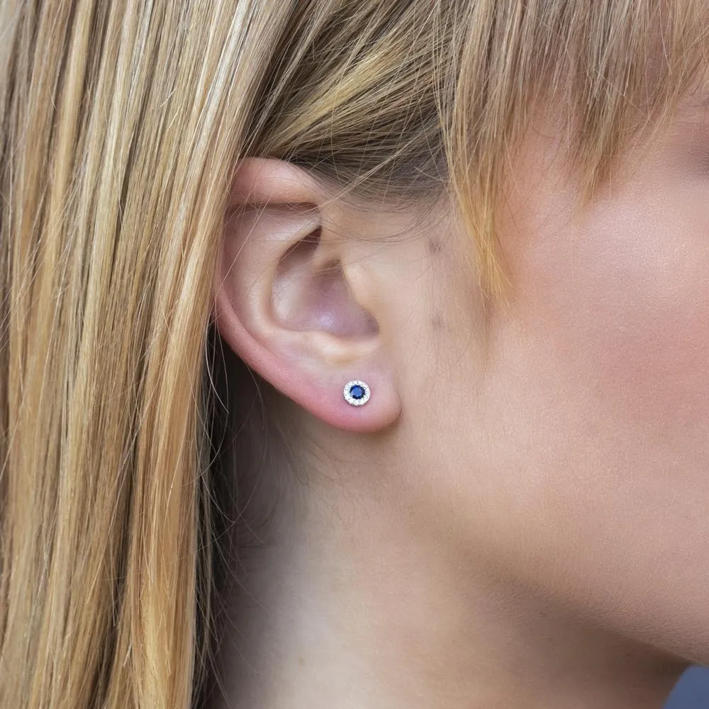 Tiny Sapphire & Diamond Halo Stud Earrings