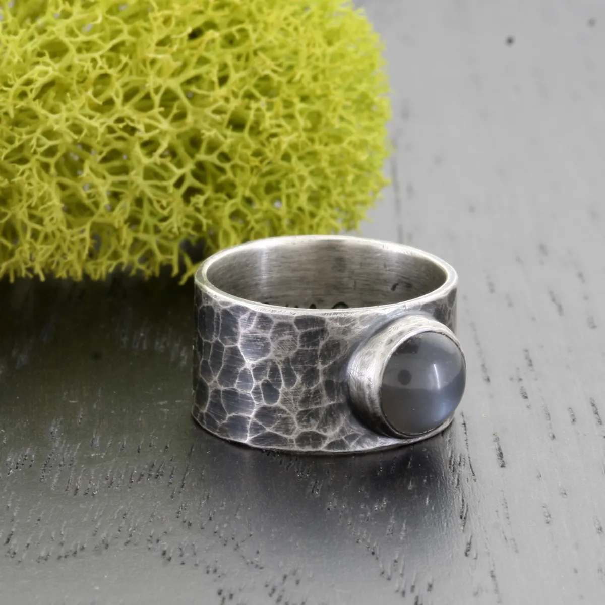 Total Eclipse II -  Black Moonstone and Oxidized Sterling Silver Ring Wide Band