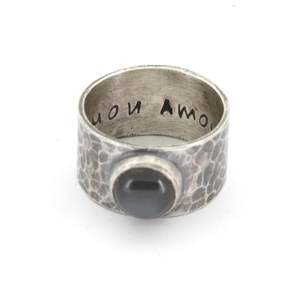 Total Eclipse II -  Black Moonstone and Oxidized Sterling Silver Ring Wide Band